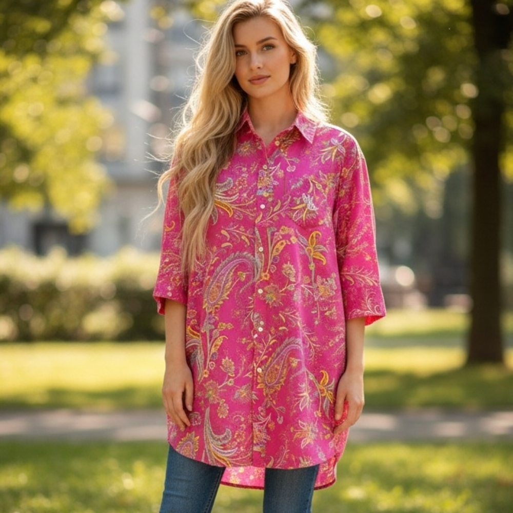 NWOT Lauren Ralph Lauren  Cotton Pink Button Up Tunic with Vibrant Paisley Print